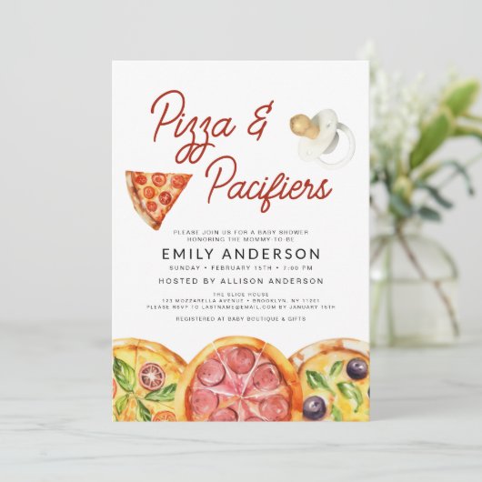 All in One QR Code Pizza & Schnullers Baby Shower Einladung (Stehend Vorderseite)