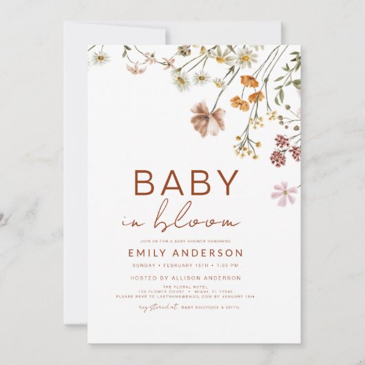 All in One QR Code Wildblume Baby in Bloom Shower Einladung (Vorderseite)