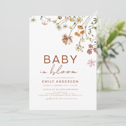 All in One QR Code Wildblume Baby in Bloom Shower Einladung (Stehend Vorderseite)