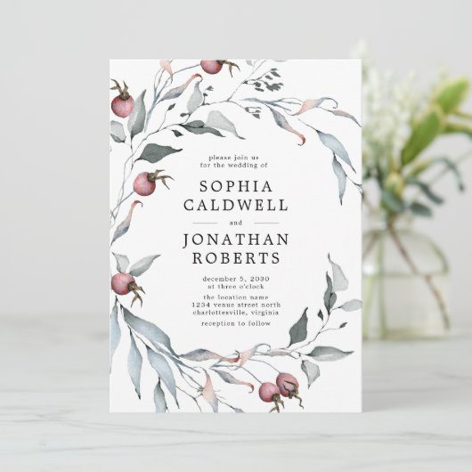 All in One QR Code Winter Berries Greenerity Weddi Einladung (Stehend Vorderseite)