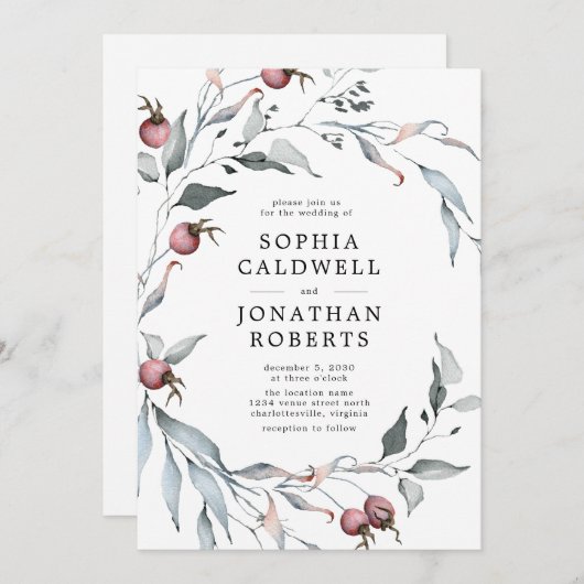 All in One QR Code Winter Berries Greenerity Weddi Einladung (Vorne/Hinten)