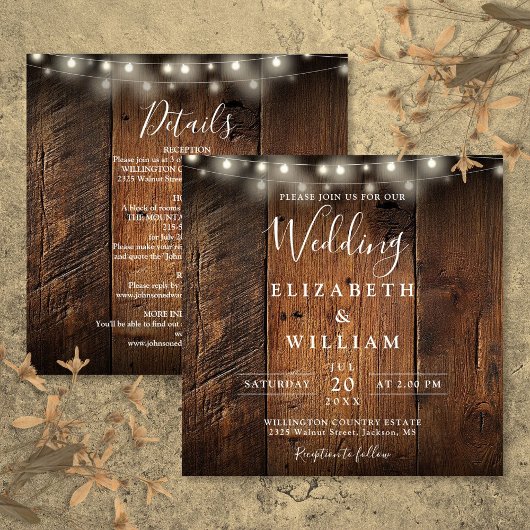 All In One Rustic Barn Wood String Lights Wedding Einladung