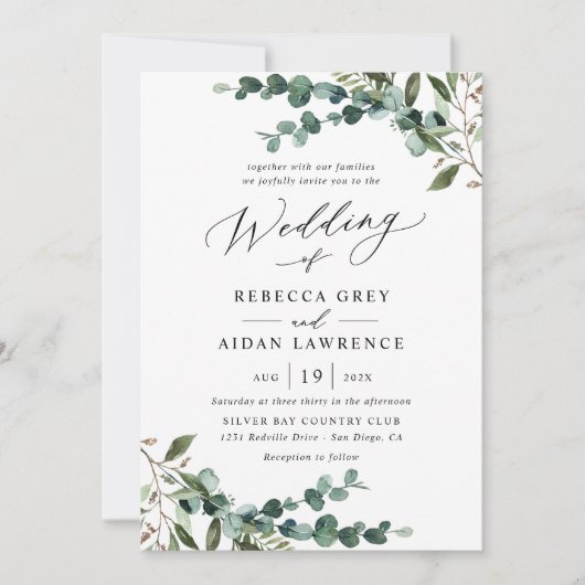 All-In-One Rustic Watercolor Greenery QR Wedding Einladung (Vorderseite)
