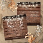 All In One Rustic Wood String Light Square Wedding Einladung<br><div class="desc">A rustic wedding invitation featuring pretty string lights and a delicate hand-drawn rustic floral garland of botanical leaf foliage with stylish script typography,  on a rustic wood background. Personalize with all your special wedding day information on the reverse including your RSVP,  accommodation,  and additional details. Designed by Thisisnotme©</div>