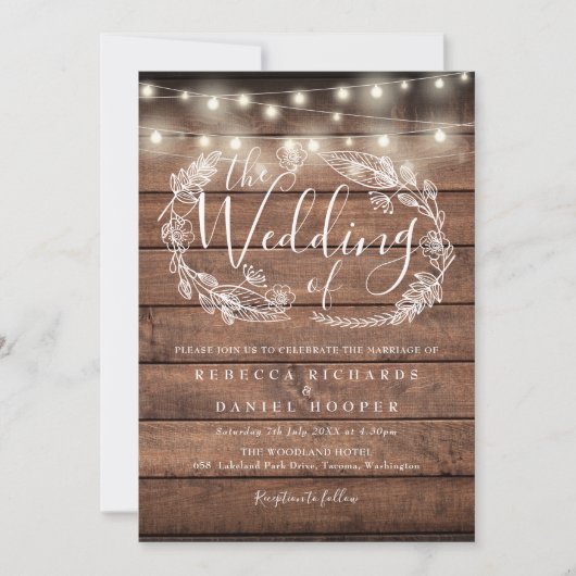All In One Rustic Wood String Lights Wedding Einladung (Vorderseite)