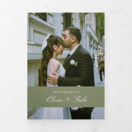 All in One Sage Green French Floral w QR Wedding Dreifach Gefaltete Einladung