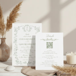 All in One Sage Green French Floral w QR Wedding Einladung