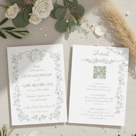All in One Sage Green French Floral w QR Wedding Folieneinladung
