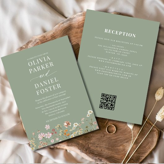 All in one Sage Green Wildblume QR Code Hochzeit Einladung