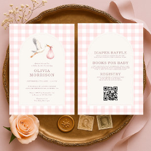 All in One Storch Gingham Rosa Mädchen Baby Shower Einladung