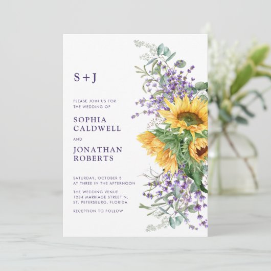 All in One Sunflower and Lavender Wedding Einladung (Stehend Vorderseite)
