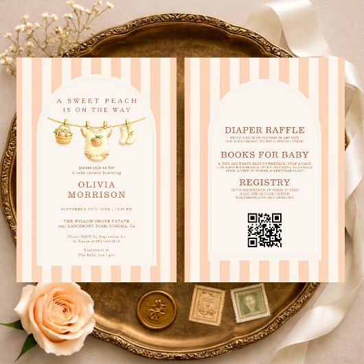 All in One Sweet Peach Stripes Baby Shower Einladung