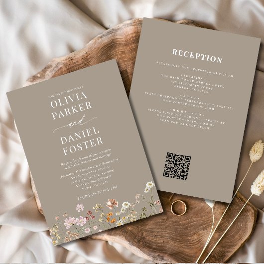 All in one Taupe Wildblume QR Code Wedding Einladung