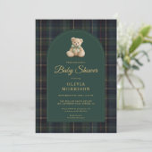 All in One Teddy Bear Plaid Green Baby Shower Einladung (Stehend Vorderseite)