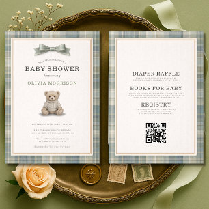 All-in-One-Teddybär-grün-kariert-Baby-Shower-Einla Einladung