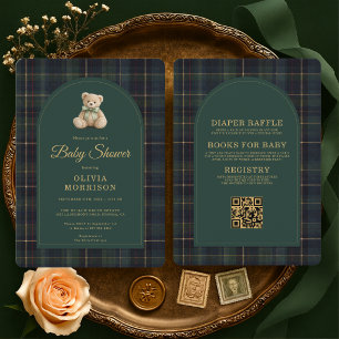 All in One Teddybär Tartan Grün Babyparty Einladung