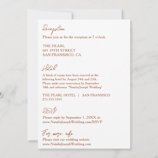 All in one Terracotta Minimalistisch Boho Chic Wed Einladung (Rückseite)