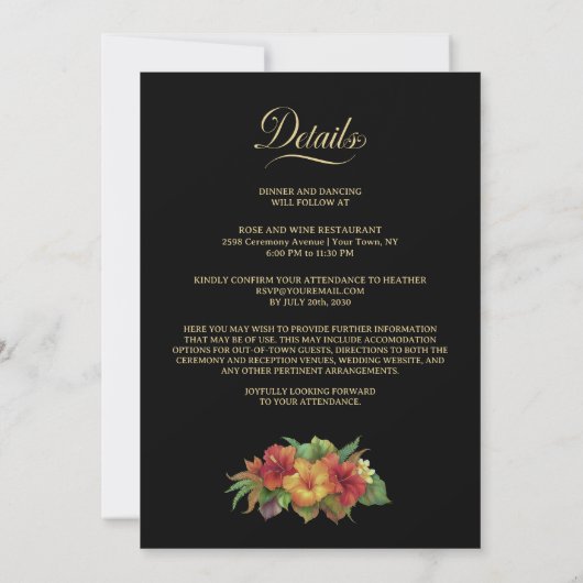 All in one tropische Schwarze Hochzeit Einladung (Rückseite)
