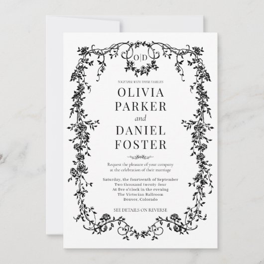 All in One Victorian Black Wedding Monogram Einladung (Vorderseite)