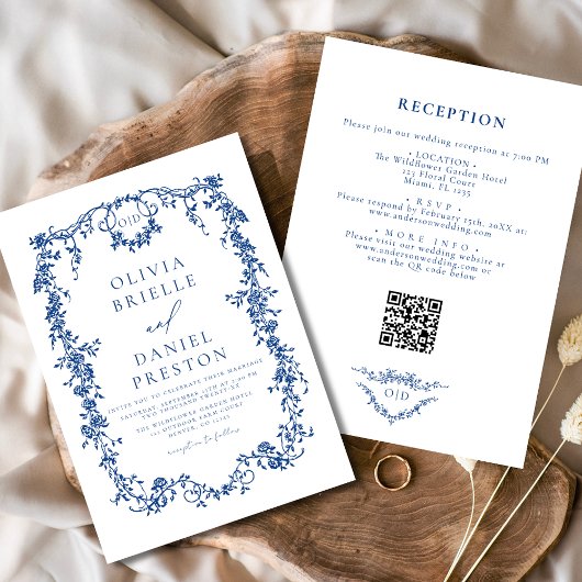 All in one Viktorianisch Blue French QR Code Weddi Einladung