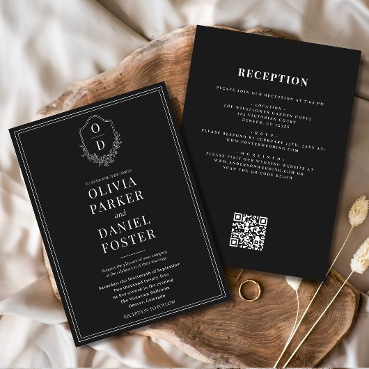 All in One Wappen Black & White QR Code Wedding Einladung