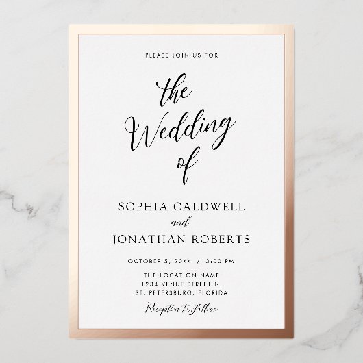 All in One Wedding Black Calligraphy Rose Gold Folieneinladung (Vorderseite)