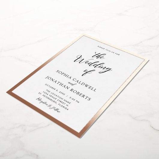 All in One Wedding Black Calligraphy Rose Gold Folieneinladung (Gedreht)