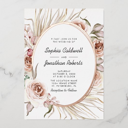 All in One Wedding Boho Floral Real Rose Gold Folieneinladung (Vorderseite)