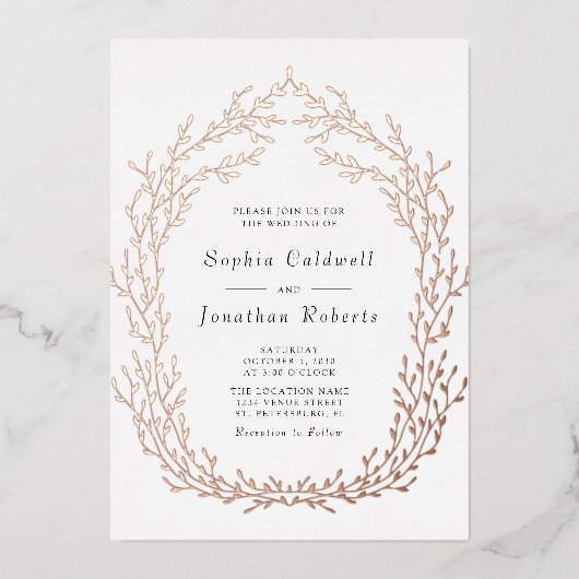 All in One Wedding Botanical Wreath Rose Gold Folieneinladung (Vorderseite)