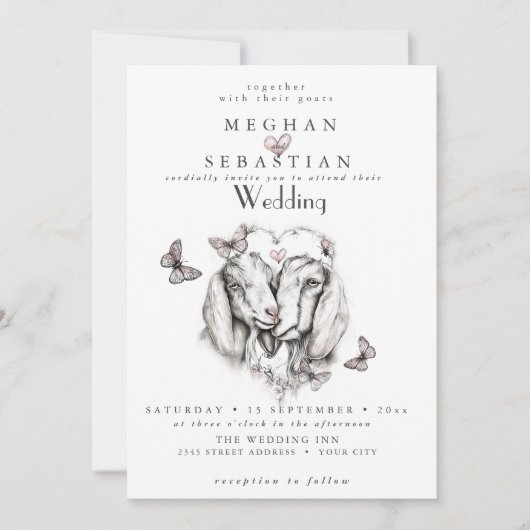ALL in ONE Wedding Goats in Love Invitation Einladung (Vorderseite)