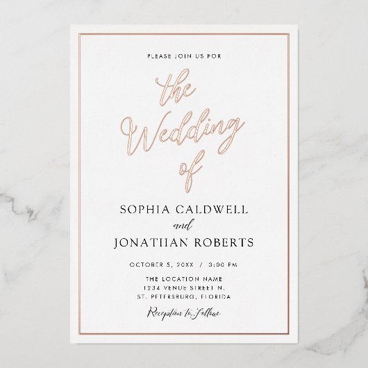 All in One Wedding Rose Gold Calligraphy Real Folieneinladung (Vorderseite)