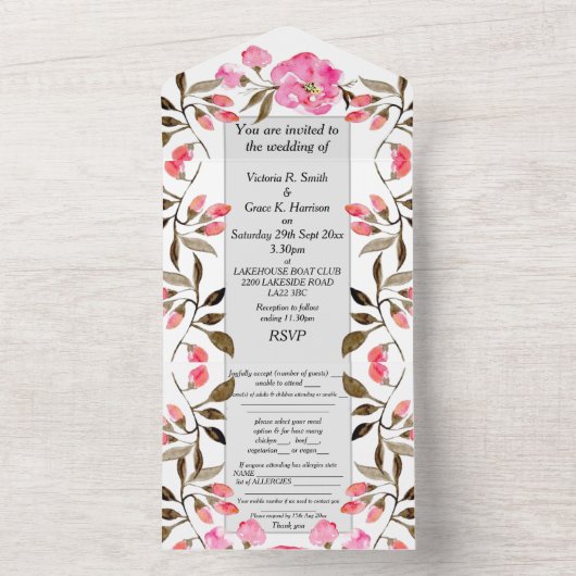 All in one Wedite - Blumenrosa Rose All In One Einladung (Innen Boden)