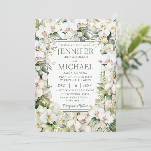 All in One White Orchids Hochzeitseinladungen Einladung (Stehend Vorderseite)