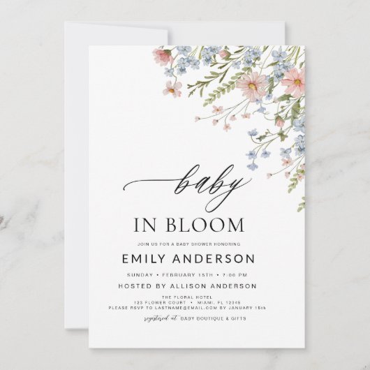 All in One Wildblume Baby in Bloom Baby Dusche Einladung (Vorderseite)