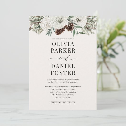 All in One Winter QR Code Evergreen Wedding Einladung (Stehend Vorderseite)