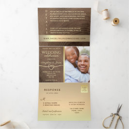All in One Wood Foto Wedding Dreifach Gefaltete Einladung