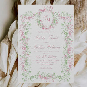 All in One Zarte französische Flora-Crest-Hochzeit Einladung