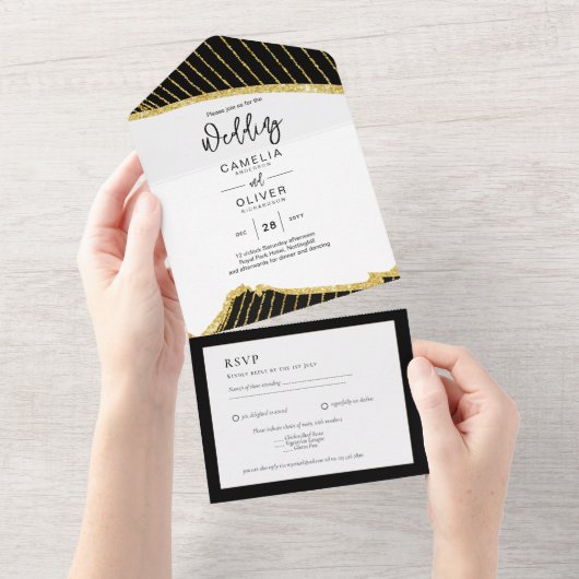 All Inclusive 3 Black Gold Themed Wedding RSVP All In One Einladung (Abreißen)