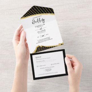 All Inclusive 3 Black Gold Themed Wedding RSVP In One Einladung