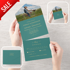 All Inclusive Aquamarin Gold FOTO Wedding RSVP In One Einladung