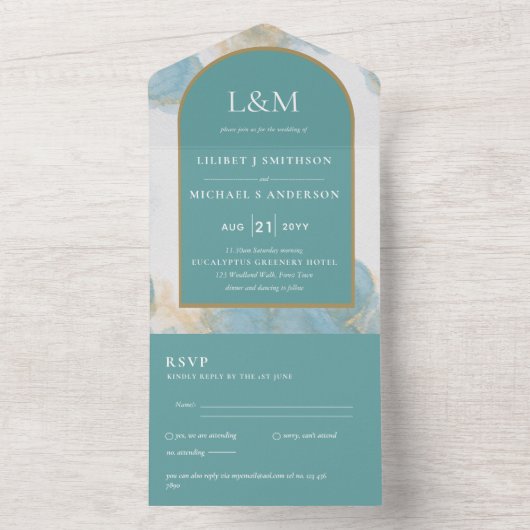All Inclusive Aquamarin Türkis Wedding RSVP All In One Einladung (Innen Boden)
