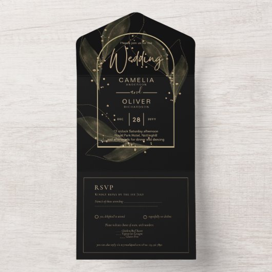 All Inclusive Black Gold Elegante Hochzeitsfeier U All In One Einladung (Innen Boden)