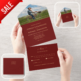 All Inclusive Burgundy Gold FOTO Wedding RSVP All In One Einladung