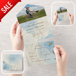 All Inclusive Dusty Blue Cream FOTO Wedding RSVP In One Einladung