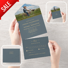 All Inclusive Dusty Blue FOTO Wedding RSVP In One Einladung