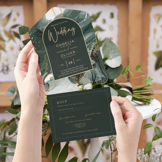 All Inclusive Emerald Green Gold Wedding RSVP In One Einladung