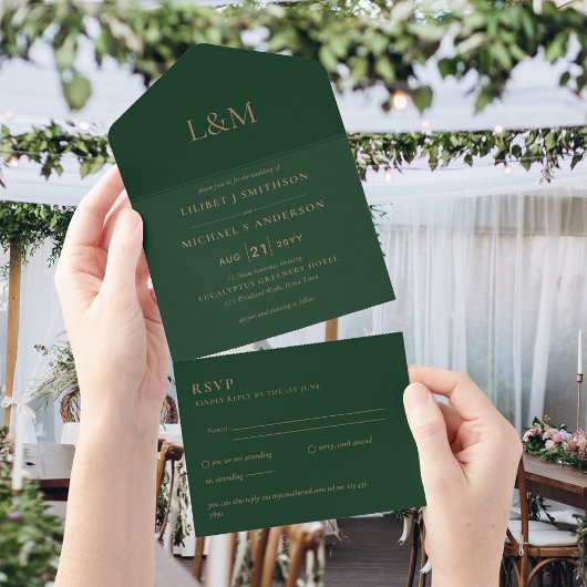 All Inclusive Emerald Green Simple Wedding RSVP All In One Einladung