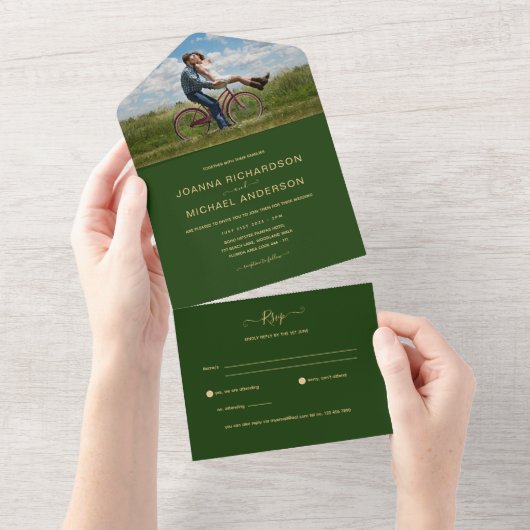 All Inclusive Green Gold FOTO Wedding RSVP All In One Einladung (Abreißen)