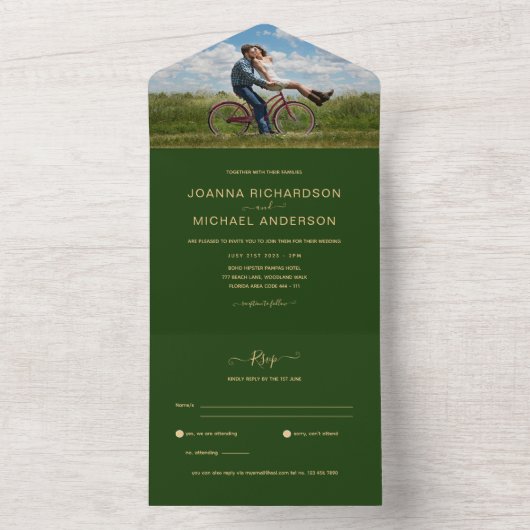 All Inclusive Green Gold FOTO Wedding RSVP All In One Einladung (Innen Boden)