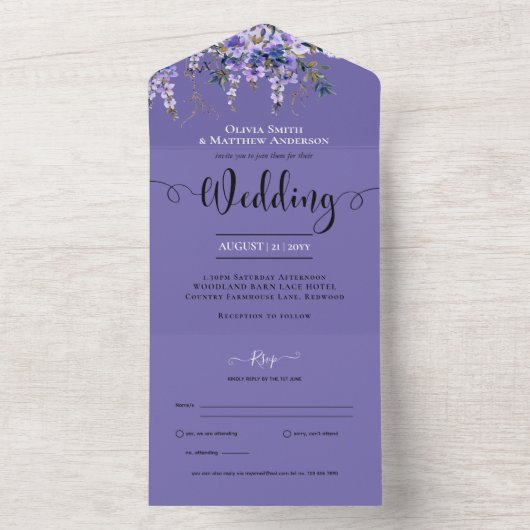All Inclusive Lila Wisteria Blume Hochzeit RSVP All In One Einladung (Innen Boden)